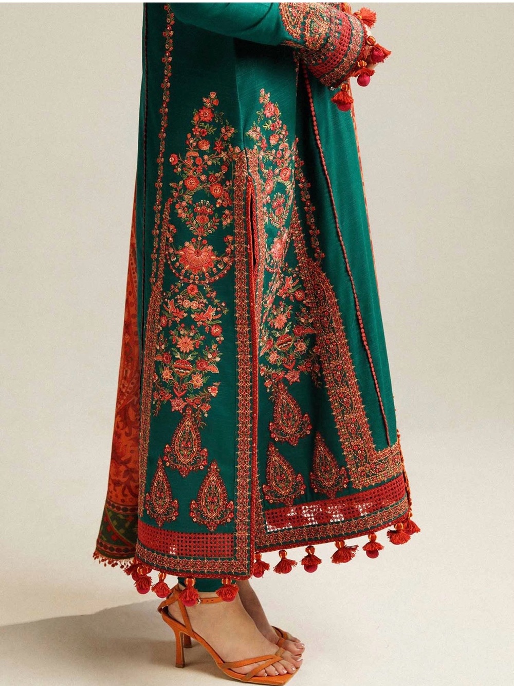 Elegant Green & Orange Embroidered Long Sleeve Dress - Picture 3 of 10